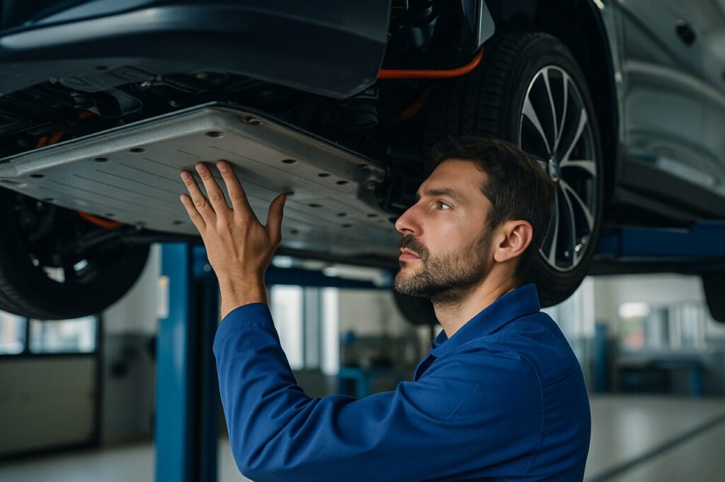 Meccanico specializzato controlla il pacco batterie di una Fiat 600e su ponte sollevatore in officina italiana