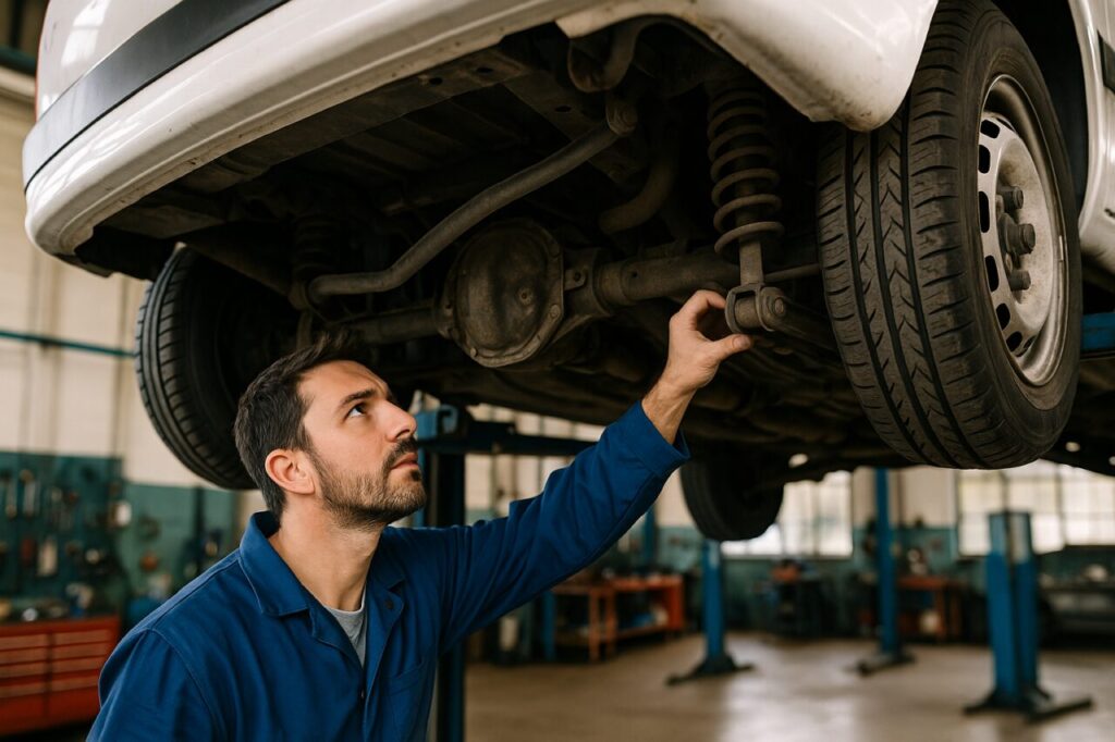 Meccanico italiano controlla il sottoscocca di un furgone Citroën Dispatch su elevatore in officina