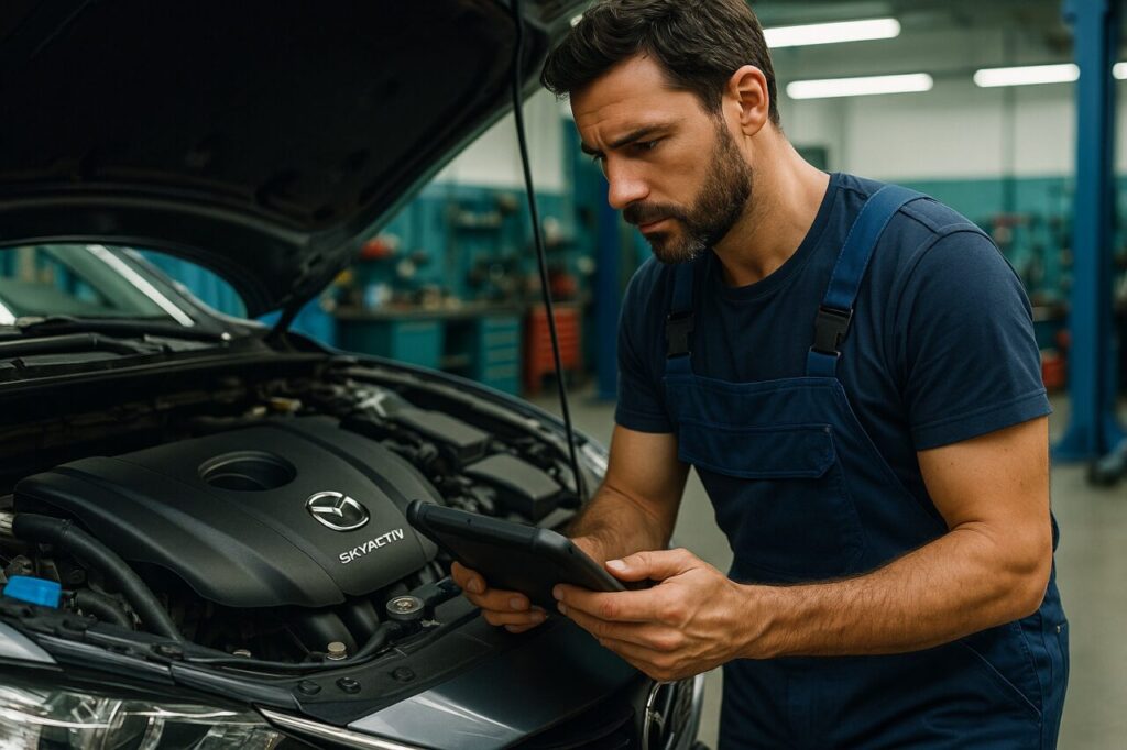 Meccanico in officina italiana che controlla il motore SkyActiv-D di una Mazda6 usata