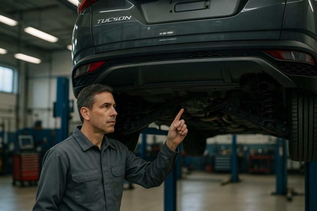 Meccanico esperto controlla la sospensione posteriore multilink di un Hyundai Tucson sull'elevatore in officina italiana
