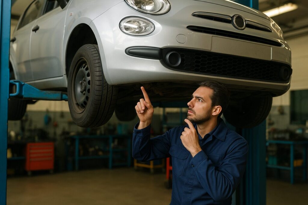 Meccanico controlla i supporti motore di una citycar usata su elevatore in officina italiana