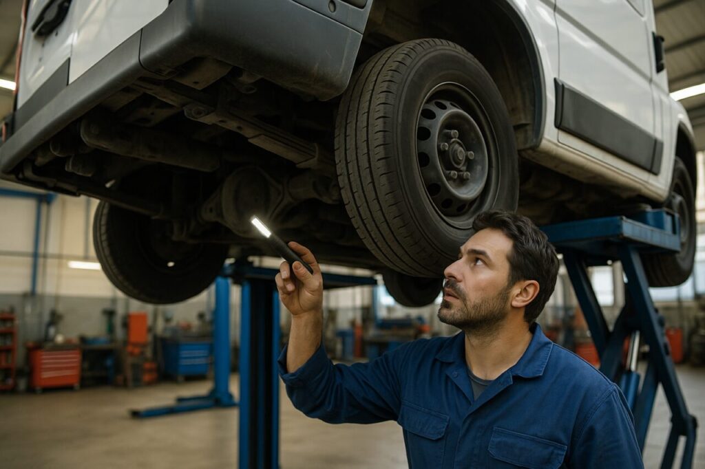 Meccanico italiano ispeziona il telaio e l'assale di un Iveco Daily sollevato sul ponte, officina professionale
