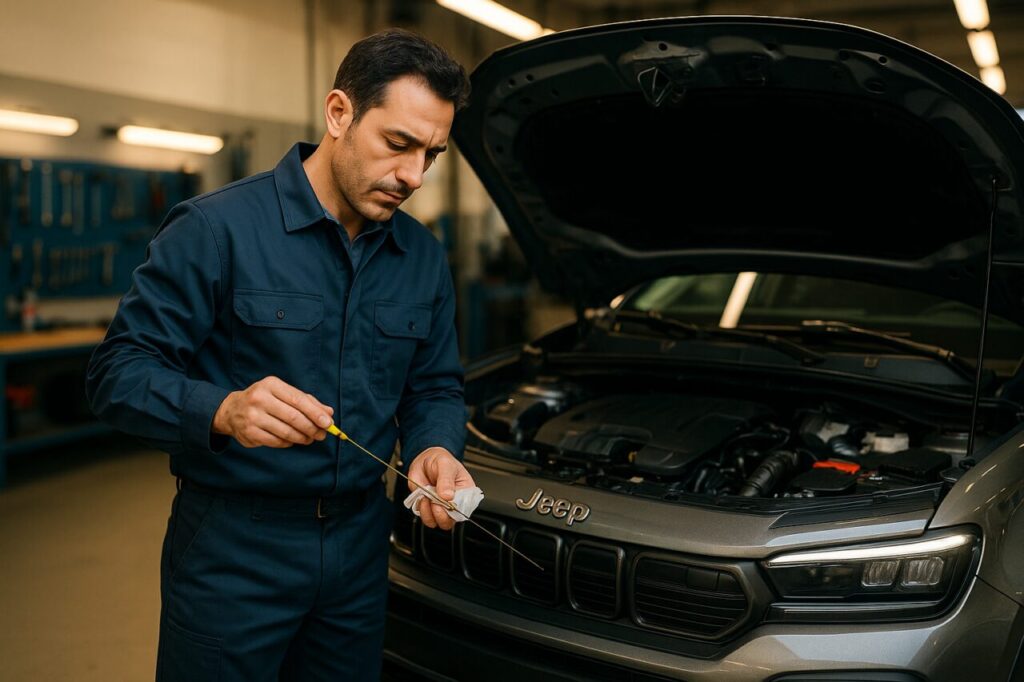 Meccanico italiano controlla olio motore PureTech su Jeep Avenger usato in officina