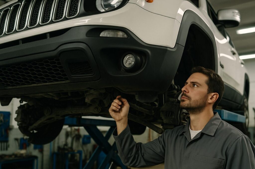 Meccanico italiano controlla il sottoscocca e le sospensioni di un Jeep Renegade usato in officina