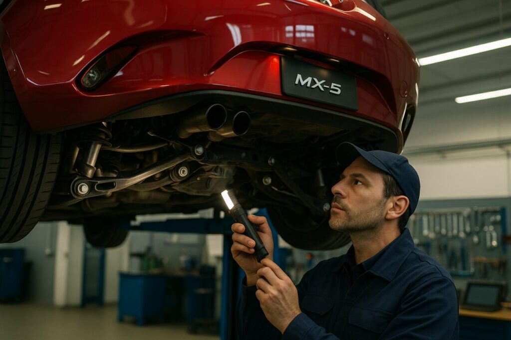 Meccanico italiano controlla il retrotreno a doppio quadrilatero di una Mazda MX-5 RF usata in officina