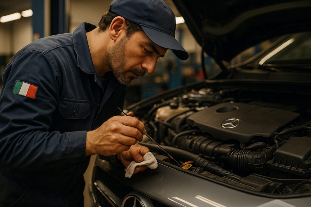 Meccanico controlla olio motore Mercedes Classe A usata in officina autorizzata italiana