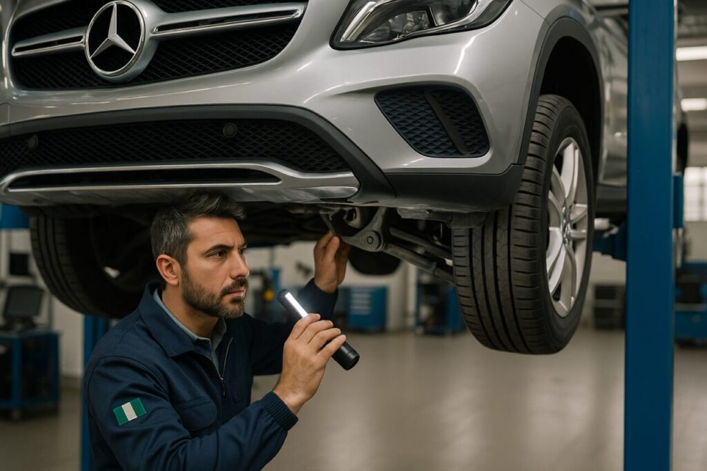 Meccanico esperto controlla le sospensioni di un Mercedes GLA usato sull'elevatore in officina italiana