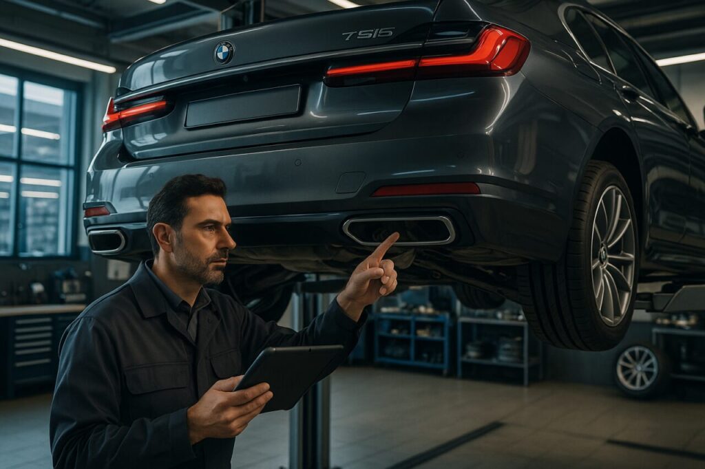 Meccanico specializzato BMW controlla le sospensioni pneumatiche di una Serie 7 usata su ponte sollevatore in officina italiana