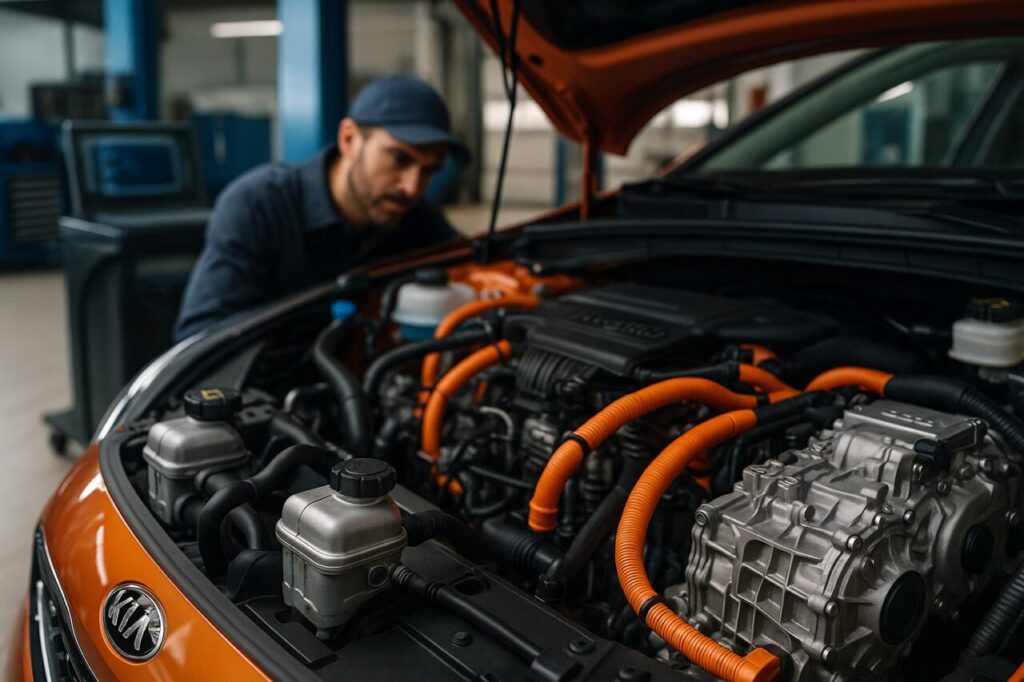 Meccanico specializzato in ibridi controlla il cambio DCT e i circuiti di raffreddamento della KIA Ceed PHEV