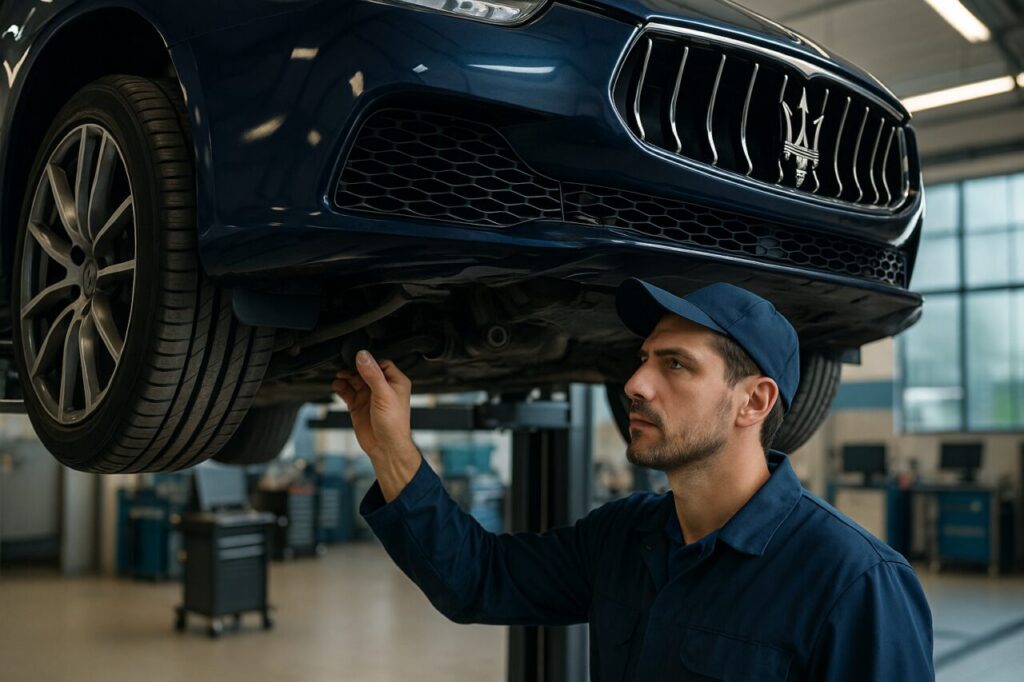 Meccanico specializzato controlla la sospensione anteriore di una Maserati Ghibli usata su ponte sollevatore