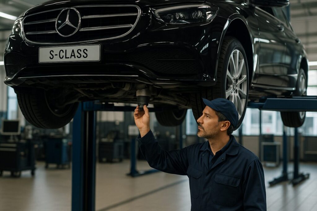 Meccanico specializzato controlla le sospensioni pneumatiche AIRMATIC di una Mercedes Classe S usata