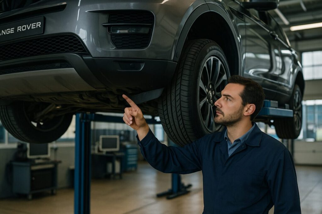 Meccanico specializzato controlla le sospensioni pneumatiche di un Range Rover usato in officina italiana