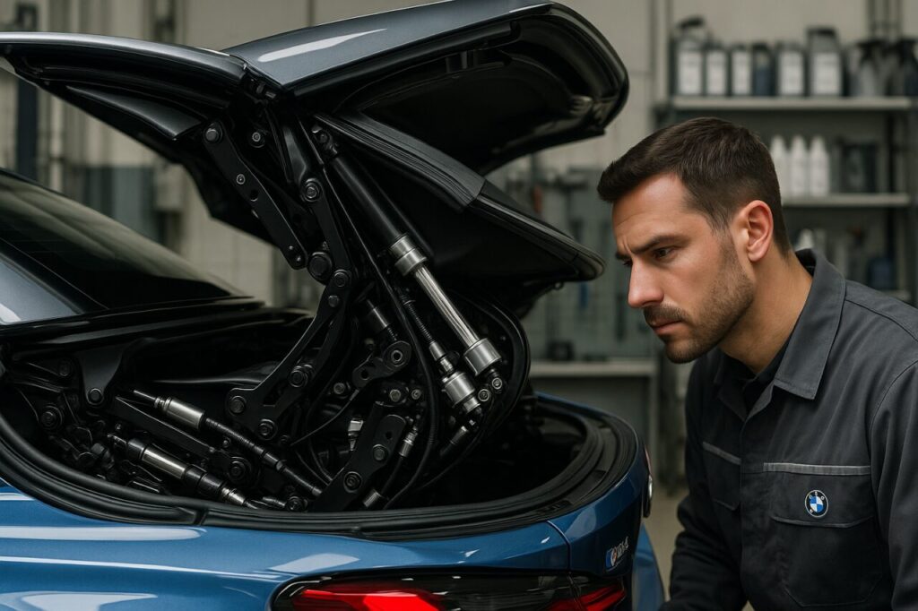Meccanismo idraulico della capote BMW M4 Cabrio usata ispezionato in officina specializzata