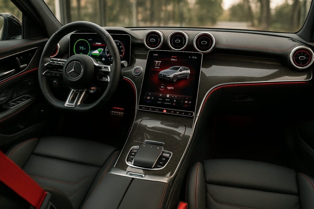 Schermo MBUX della Mercedes-AMG C 63 S E Performance Estate con livello batteria ibrida e modalità Sport Plus attiva