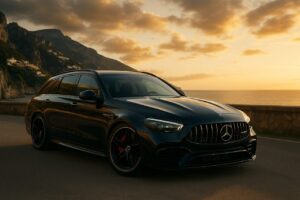 Mercedes-AMG C 63 S E Performance Estate in noleggio a lungo termine su strada costiera italiana al tramonto