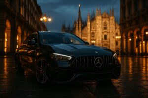Mercedes-AMG C 63 S E Performance nera in noleggio a lungo termine su strada italiana di notte