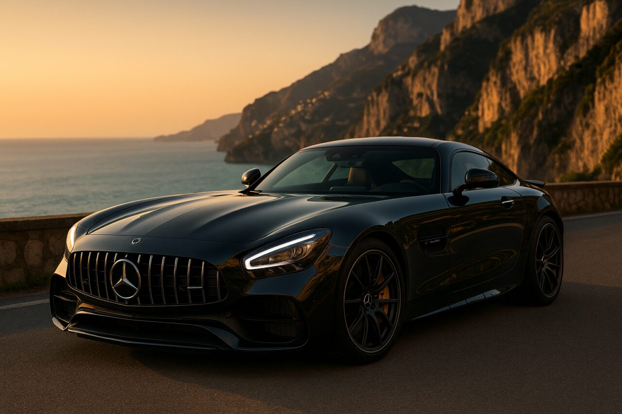 Mercedes-AMG GT coupé usata in noleggio a lungo termine su strada italiana panoramica