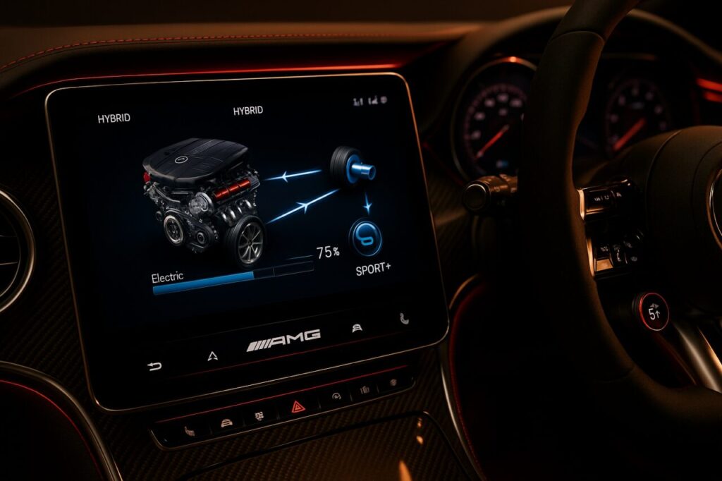 Schermata MBUX della Mercedes-AMG S 63 E Performance con flusso energetico del powertrain ibrido plug-in e modalità di guida AMG
