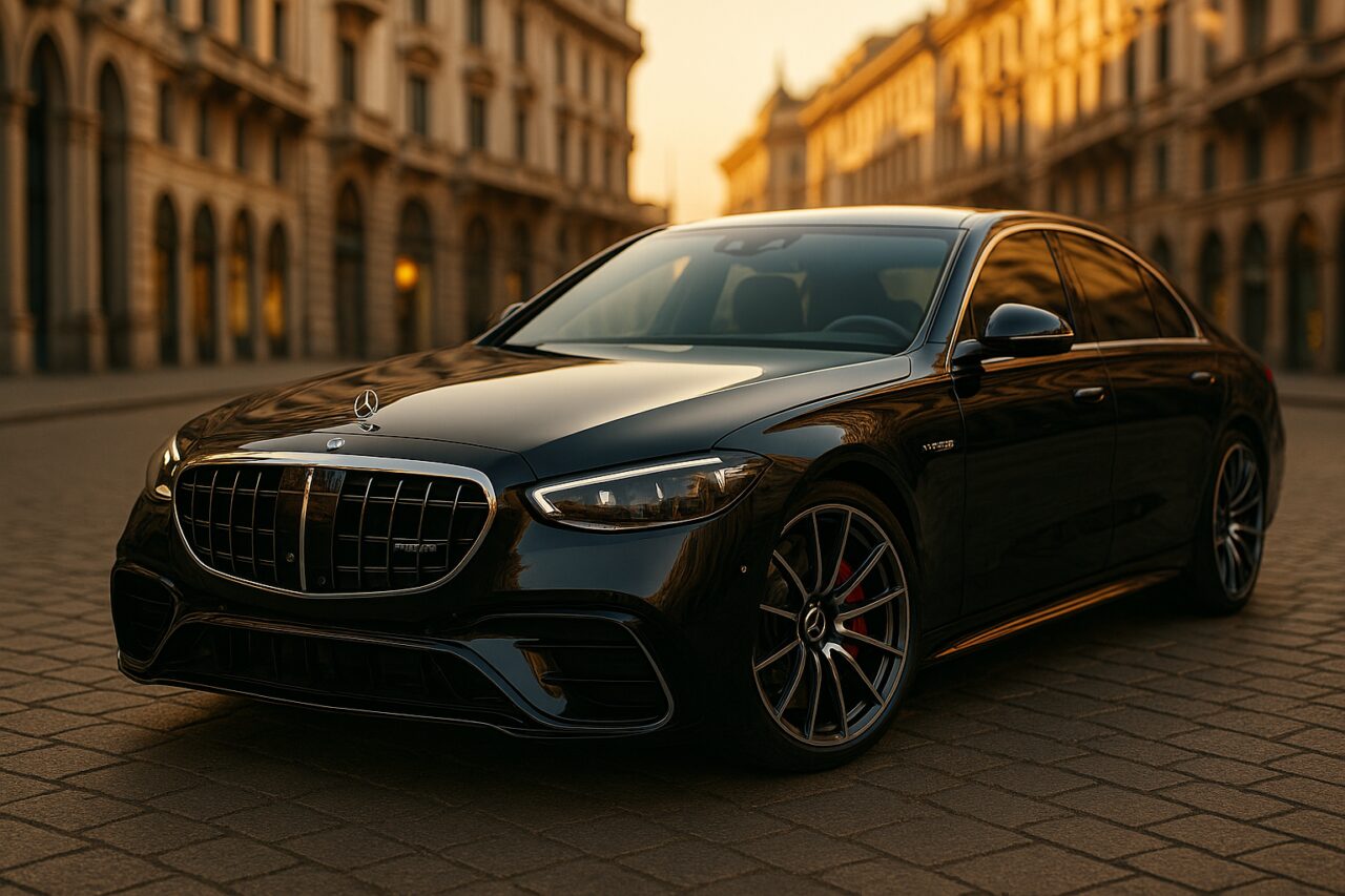 Mercedes-AMG S 63 E Performance nera in noleggio a lungo termine parcheggiata nel centro di Milano