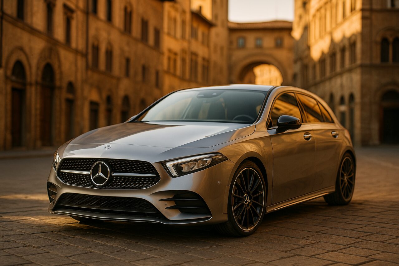 Mercedes Classe A usata in noleggio a lungo termine parcheggiata in centro storico italiano