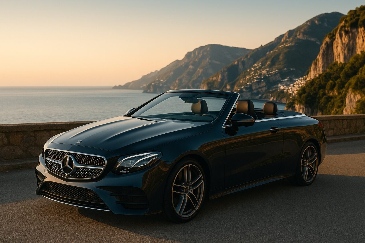 Mercedes Classe E Cabrio usata con capote abbassata su strada costiera italiana al tramonto