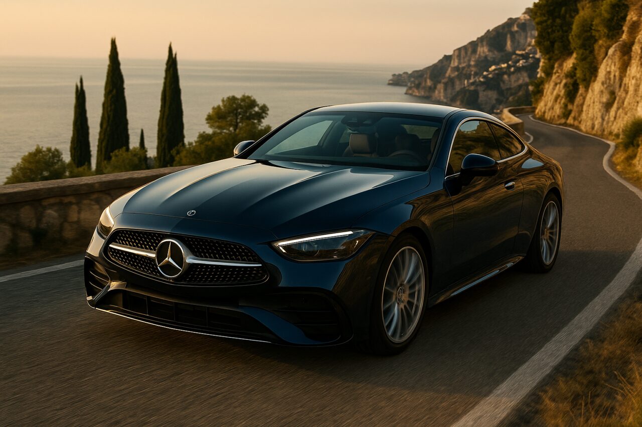 Mercedes CLE coupé in noleggio a lungo termine su strada costiera italiana al tramonto