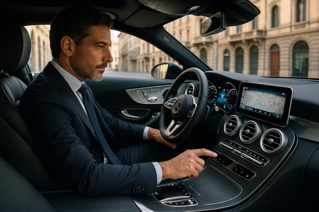 Professionista italiano alla guida di Mercedes CLE con sistema MBUX in città italiana