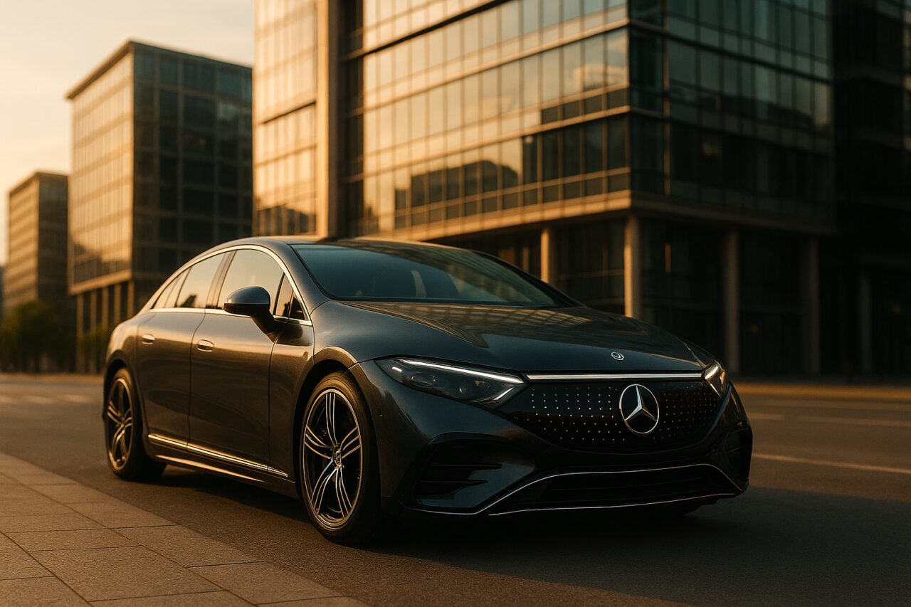 Mercedes EQE berlina elettrica in noleggio a lungo termine su strada italiana al tramonto