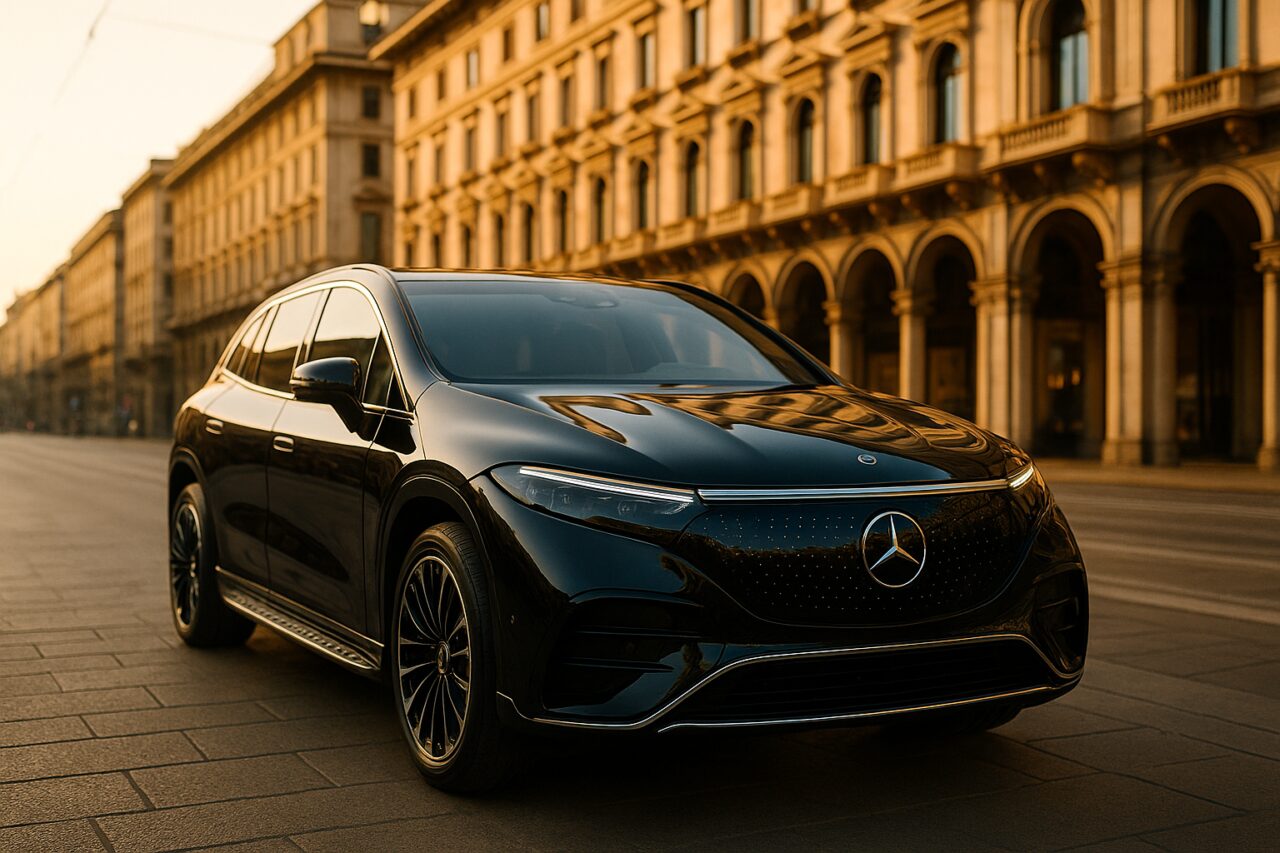 Mercedes EQS SUV nero in noleggio a lungo termine parcheggiato in un viale elegante di Milano