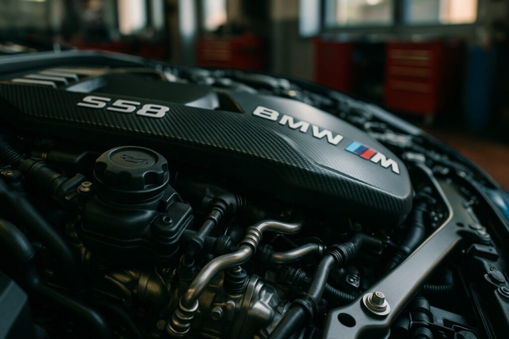Motore BMW S58 biturbo da 510 CV della M4 Competition usata sotto ispezione in officina specializzata