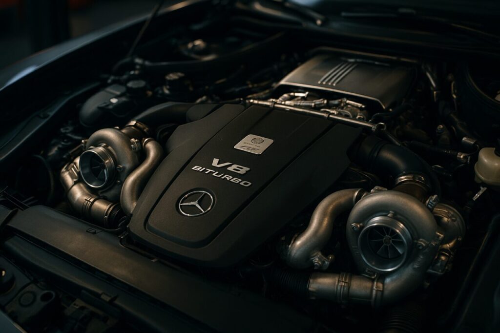 Motore V8 biturbo M178 della Mercedes-AMG GT sotto ispezione tecnica in officina specializzata AMG