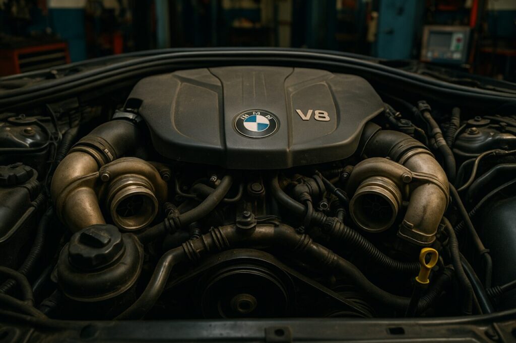 Motore V8 N63 biturbo BMW Serie 8 Gran Coupé usata con turbocompressori in evidenza