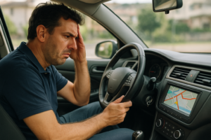 Uomo alla guida di un'auto usata con navigatore GPS obsoleto che mostra mappe errate