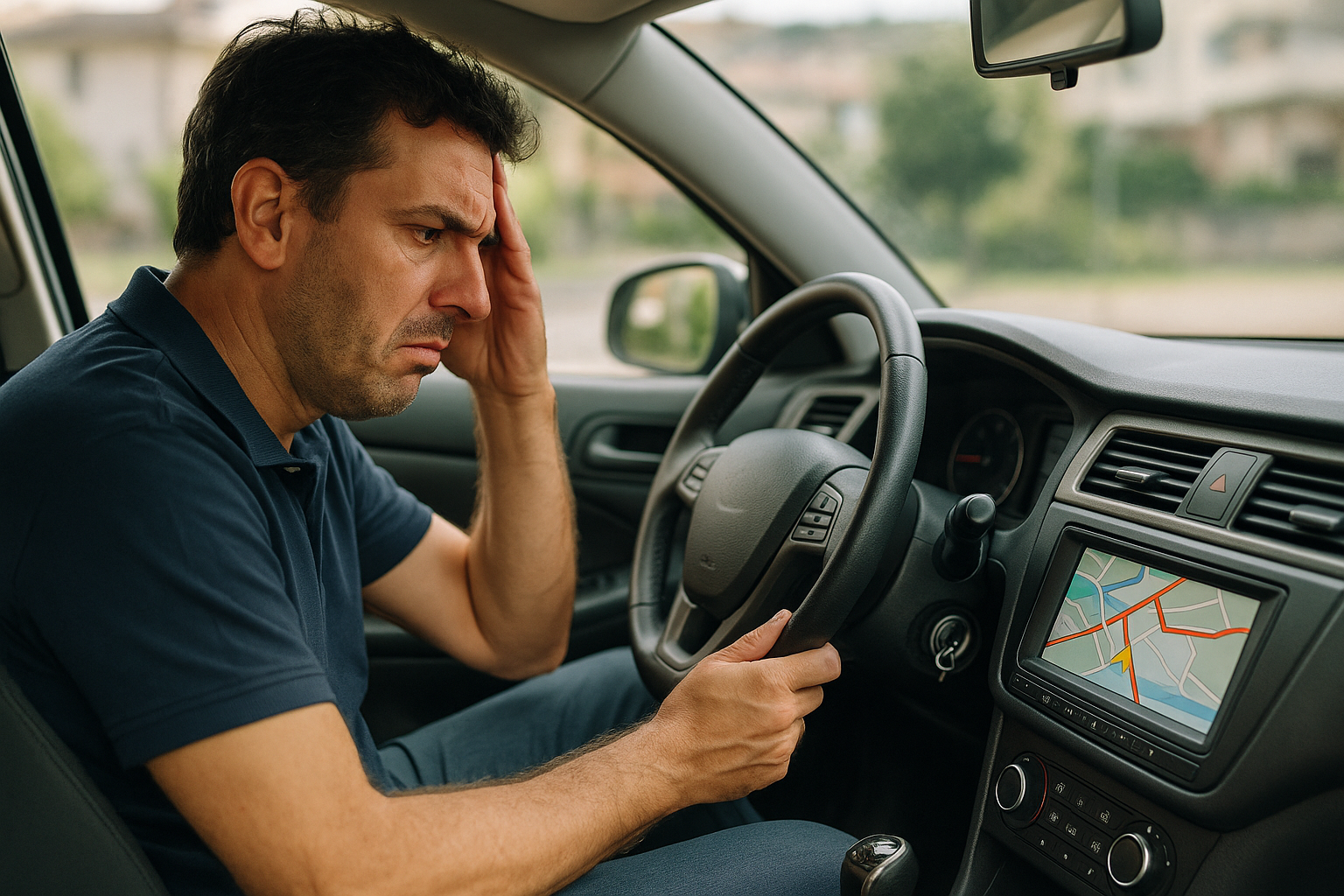Uomo alla guida di un'auto usata con navigatore GPS obsoleto che mostra mappe errate