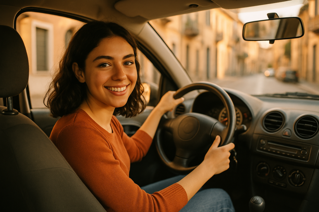Giovane neopatentata al volante di un'auto usata in noleggio a lungo termine, sicura e sorridente