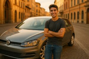 Giovane neopatentato sorridente accanto a un'auto usata in noleggio a lungo termine in una città italiana