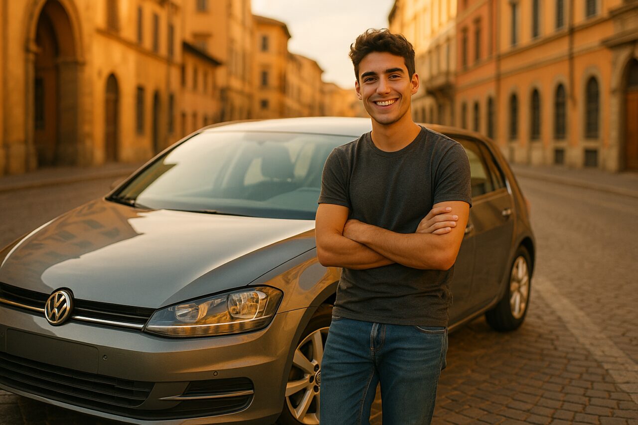 Giovane neopatentato sorridente accanto a un'auto usata in noleggio a lungo termine in una città italiana