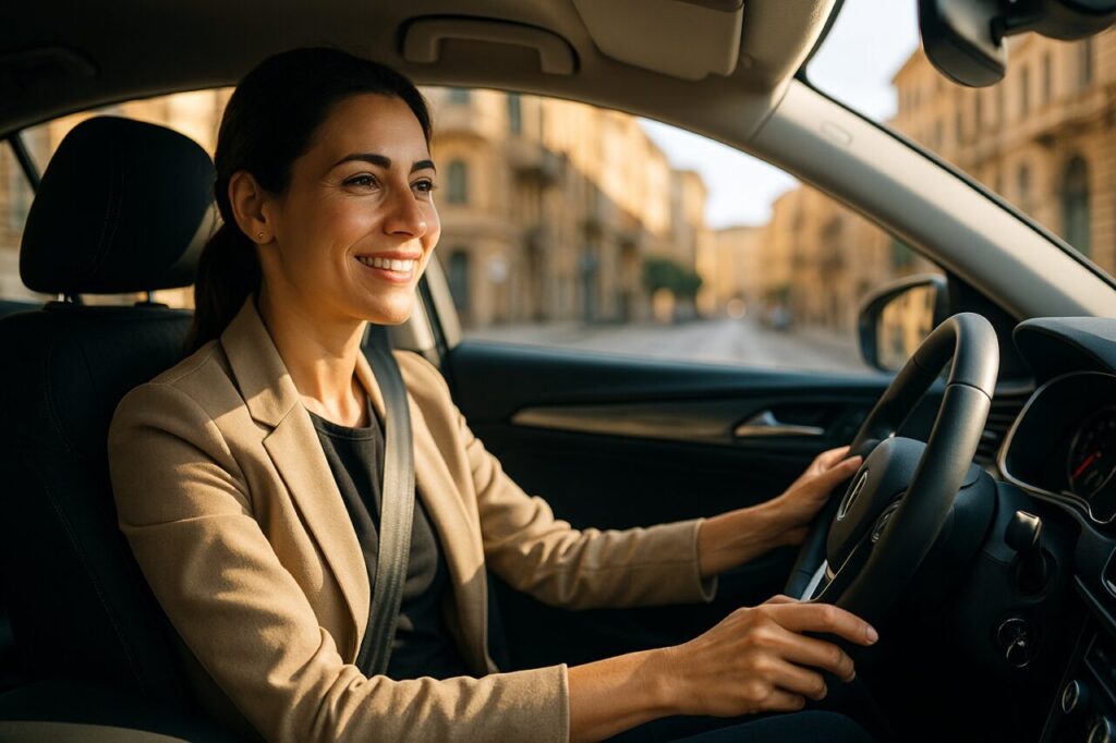 Donna italiana serena alla guida di auto km0 in noleggio a lungo termine senza anticipo tutto incluso