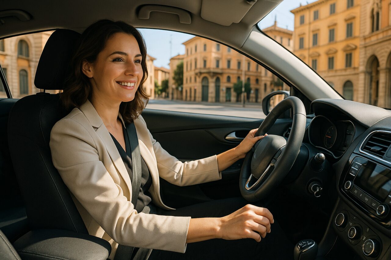 Donna che guida un'auto usata affidabile in noleggio a lungo termine, strada italiana soleggiata, auto compatta moderna ben mantenuta