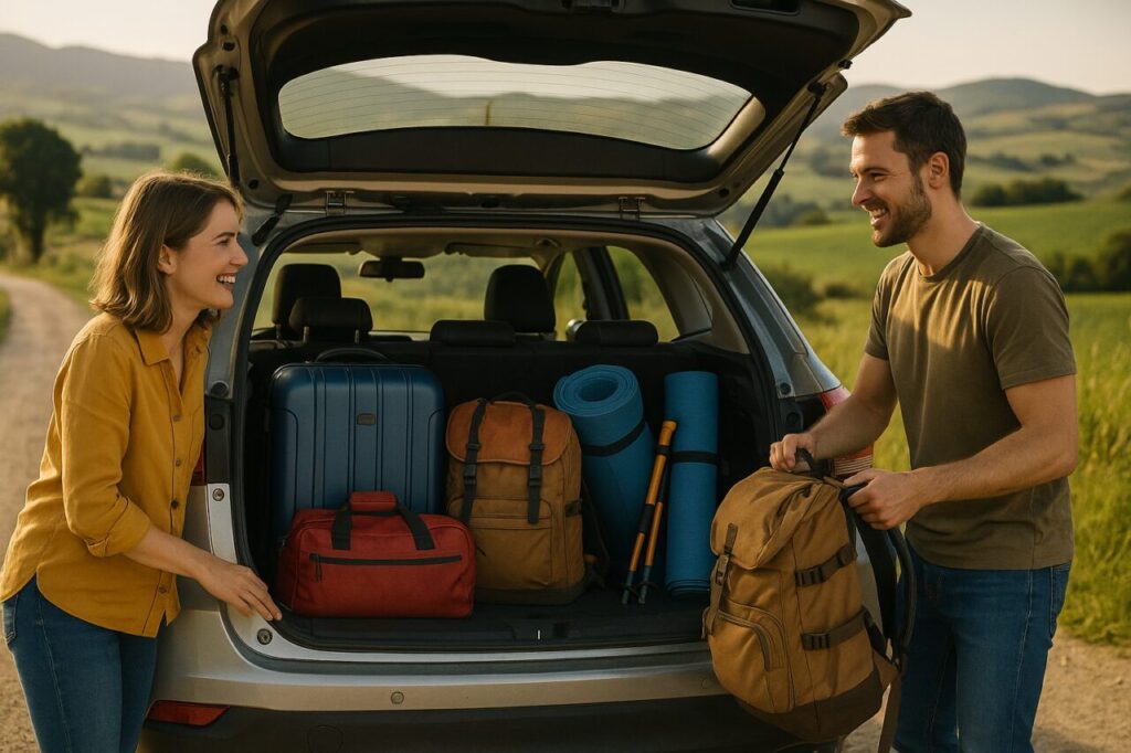 Bagagliaio auto usata in noleggio lungo termine pieno di valigie e zaini per weekend, campagna italiana, spazio pratico e organizzato