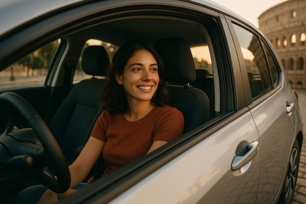 Giovane donna italiana in auto usata elettrica o ibrida in noleggio a lungo termine a Roma