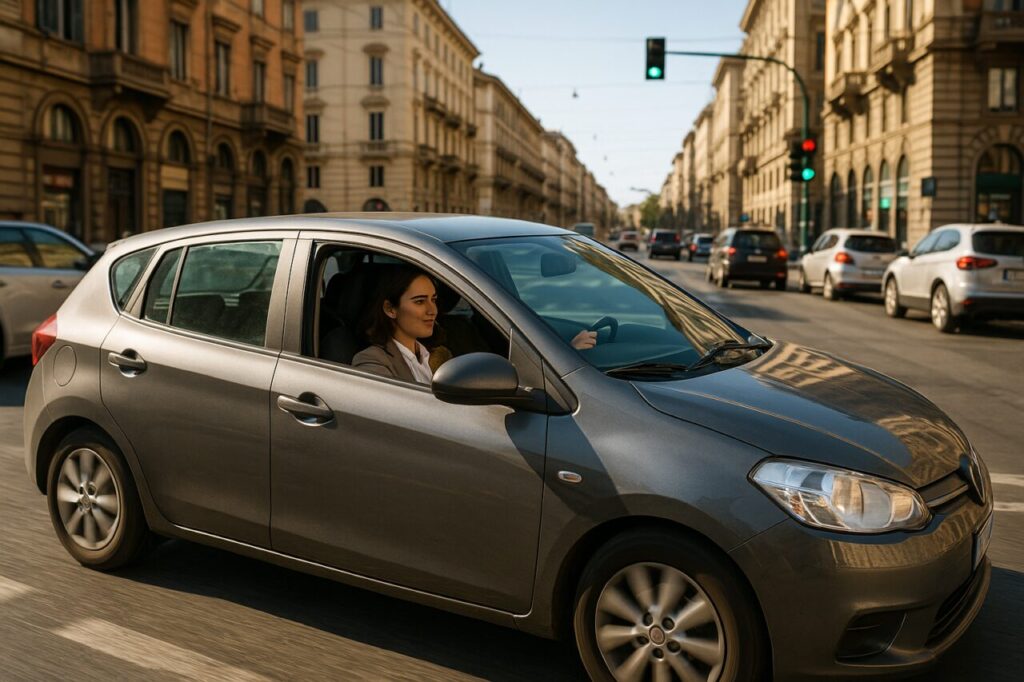 Guida in città con auto usata noleggio lungo termine, cambio automatico doppia frizione traffico urbano Italia