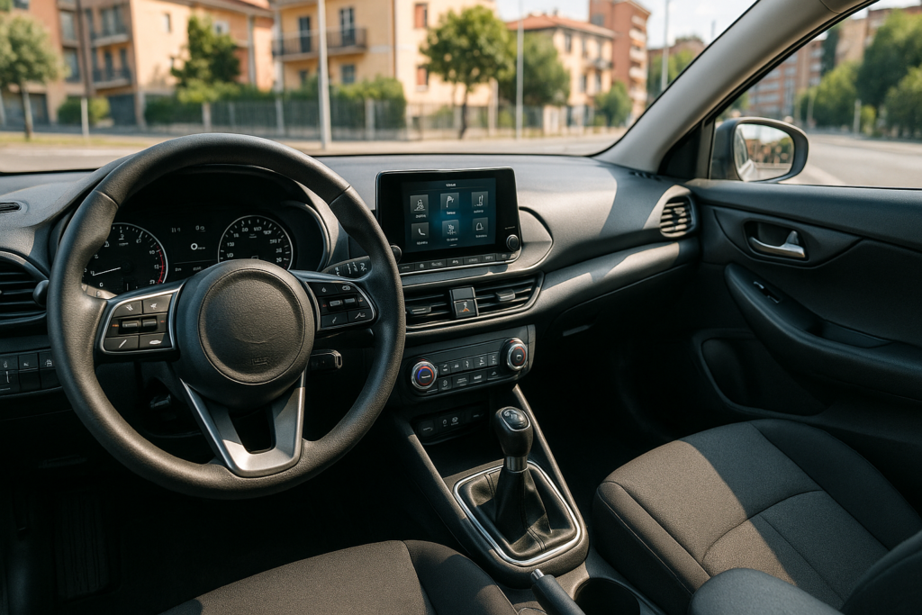 Interno auto usata noleggio lungo termine, cruscotto moderno, sistema infotainment, tecnologia affidabile