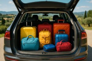 Auto usata con maxi maletero pieno di valigie e bagagli per viaggio in famiglia, noleggio a lungo termine