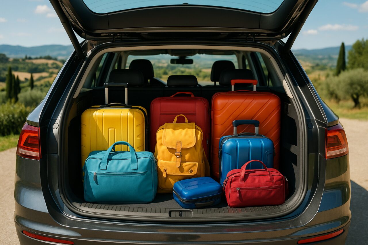 Auto usata con maxi maletero pieno di valigie e bagagli per viaggio in famiglia, noleggio a lungo termine