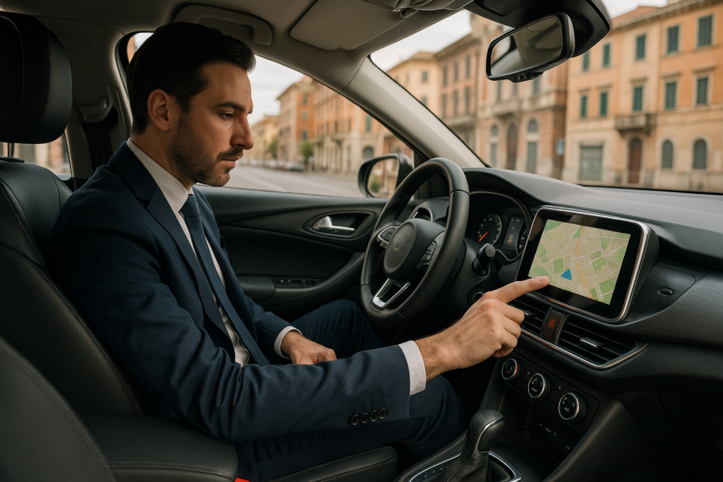 Professionista in auto usata noleggio lungo termine che gestisce navigatore GPS e impostazioni privacy