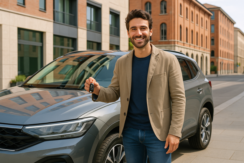 Professionista italiano soddisfatto con auto in noleggio a lungo termine tutto incluso senza anticipo