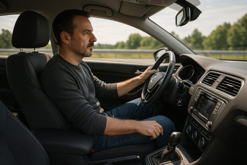 Interno auto usata con sedile ergonomico confortevole per lunghi tragitti, supporto lombare e dashboard moderno in noleggio lungo termine
