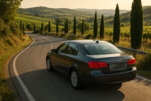 Auto usata in noleggio a lungo termine che percorre una strada secondaria panoramica in Toscana con curve dolci tra vigneti e paesaggi collinari