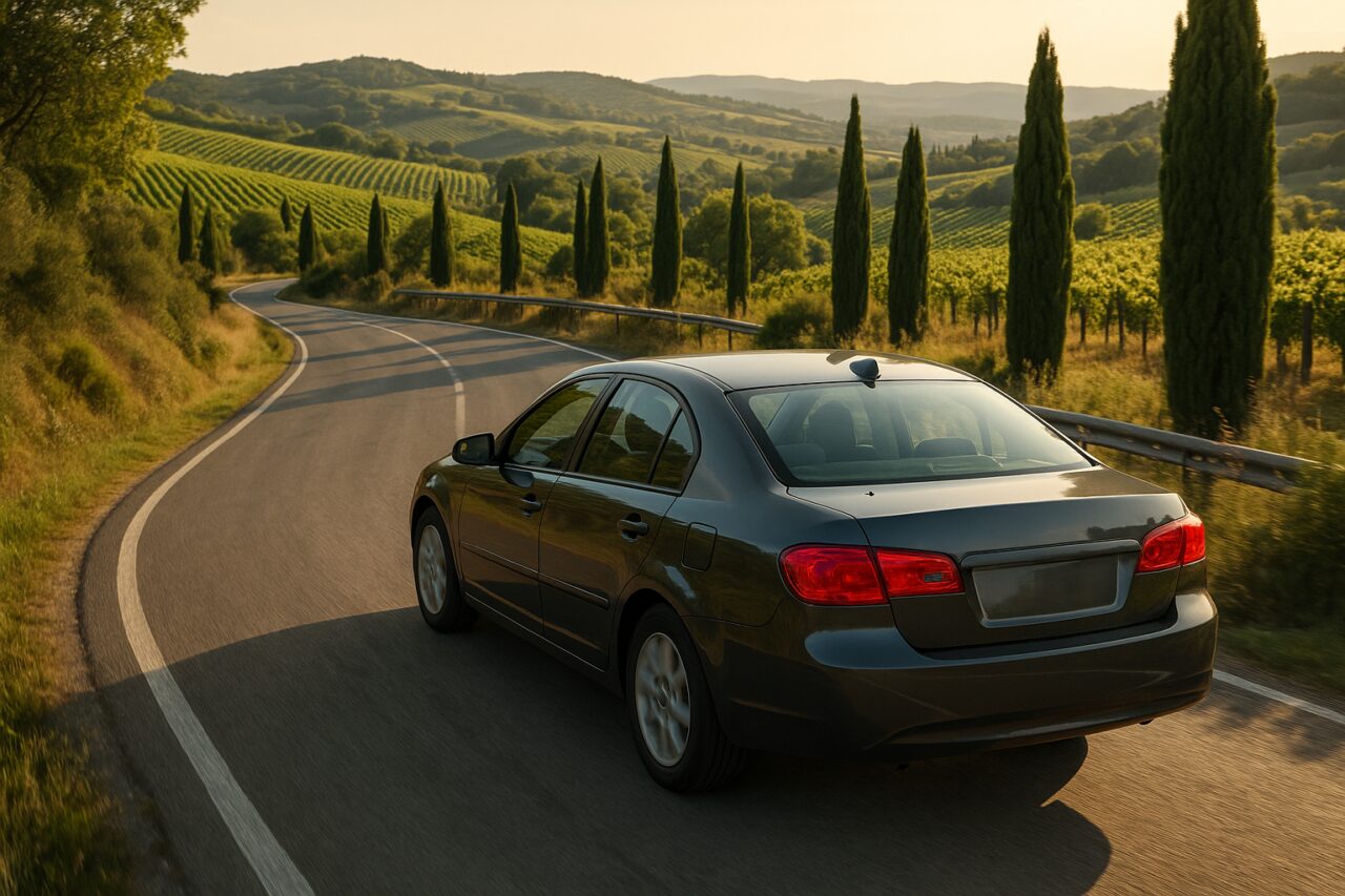 Auto usata in noleggio a lungo termine che percorre una strada secondaria panoramica in Toscana con curve dolci tra vigneti e paesaggi collinari
